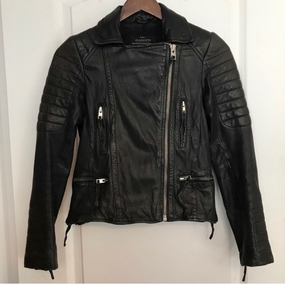AllSaints Black Pitch Leather Biker Moto Jacket 0